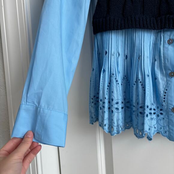 Current Air Blue Contrast Eyelit Top Sz M Academia Cable Knit Preppy - Picture 5 of 11